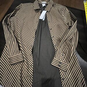 Chico's Black and Tan Striped Trench style button-up long blouse in 2X New!